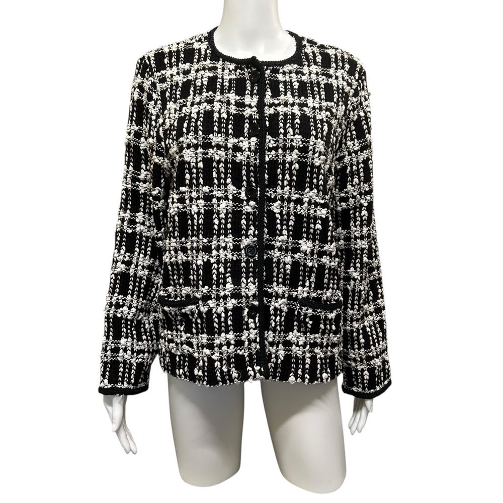 JM Collection Tweed Button Front Blazer Jacket Black White M Petite